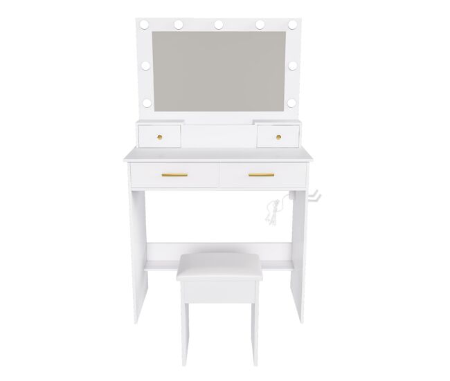 Tocador 80x137x40 cm - led 3 niveles, enchufe, soporte secador, 4 cajones, banco acolchado - blanco
