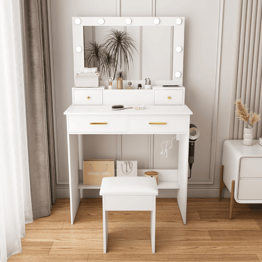 Penteadeira 80x137x40 cm - LED 3 níveis, tomada, suporte para secador, 4 gavetas, banco acolchoado - Branco