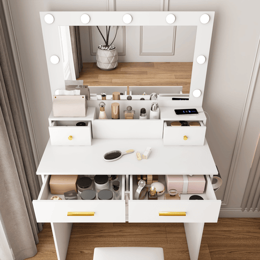 Penteadeira 80x137x40 cm - LED 3 níveis, tomada, suporte para secador, 4 gavetas, banco acolchoado - Branco