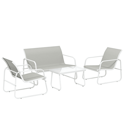 Outsunny Conjunto de Jardim Exterior de 4 Peças, Móveis de Jardim com Sofá de 2 Lugares, 2 Poltronas, Mesa de Vidro Temperado, Tecido Textilene Respirável, Estrutura de Aço, Cinzento Claro