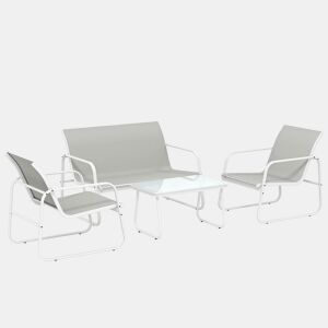 Outsunny Conjunto de Jardim Exterior de 4 Peças, Móveis de Jardim com Sofá de 2 Lugares, 2 Poltronas, Mesa de Vidro Temperado, Tecido Textilene Respirável, Estrutura de Aço, Cinzento Claro