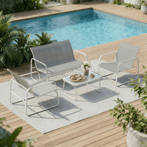 Outsunny Conjunto de Jardim Exterior de 4 Peças, Móveis de Jardim com Sofá de 2 Lugares, 2 Poltronas, Mesa de Vidro Temperado, Tecido Textilene Respirável, Estrutura de Aço, Cinzento Claro