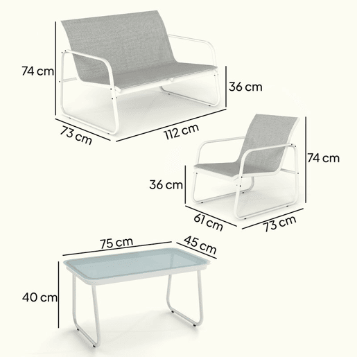 Outsunny Conjunto de Jardim Exterior de 4 Peças, Móveis de Jardim com Sofá de 2 Lugares, 2 Poltronas, Mesa de Vidro Temperado, Tecido Textilene Respirável, Estrutura de Aço, Cinzento Claro