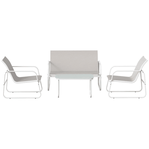 Outsunny Conjunto de Jardim Exterior de 4 Peças, Móveis de Jardim com Sofá de 2 Lugares, 2 Poltronas, Mesa de Vidro Temperado, Tecido Textilene Respirável, Estrutura de Aço, Cinzento Claro
