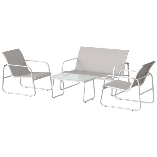 Outsunny Conjunto de Jardim Exterior de 4 Peças, Móveis de Jardim com Sofá de 2 Lugares, 2 Poltronas, Mesa de Vidro Temperado, Tecido Textilene Respirável, Estrutura de Aço, Cinzento Claro