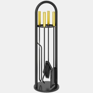 Outsunny Conjunto de Acessórios para Lareira de 5 Peças Acessórios de Metal com Vassoura Pá Par de Tenazes Atiçador e Suporte 20x20x71 cm Preto e Dourado