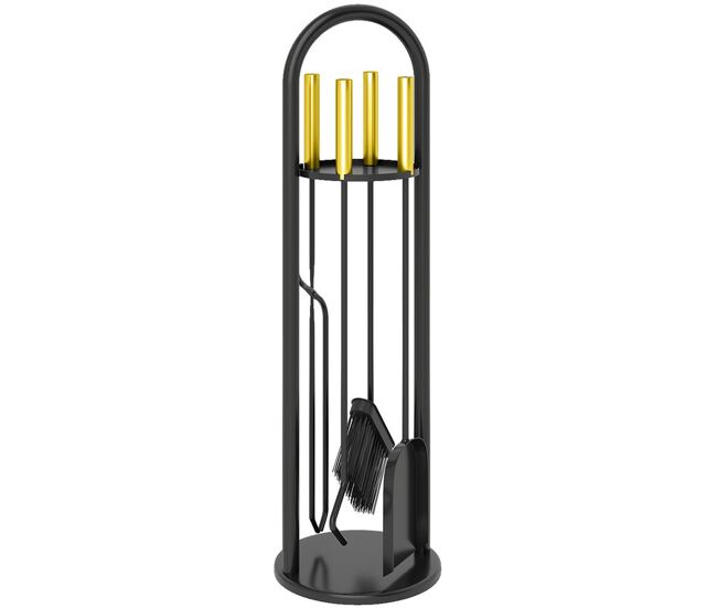 Outsunny juego utensilios chimenea de 5 piezas, juego de accesorios para chimenea de metal con escoba, pala, 1 par de tenazas, atizador y soporte, 20x20x71 cm, negro y dorado