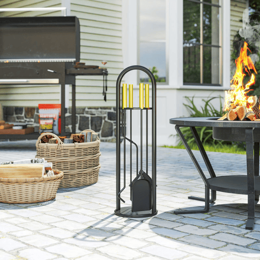 Outsunny Conjunto de Acessórios para Lareira de 5 Peças Acessórios de Metal com Vassoura Pá Par de Tenazes Atiçador e Suporte 20x20x71 cm Preto e Dourado