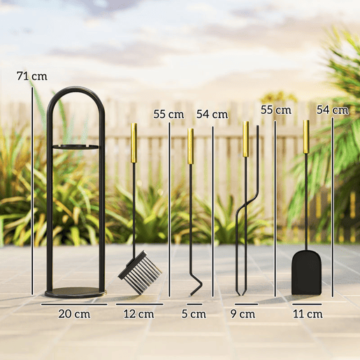Outsunny Conjunto de Acessórios para Lareira de 5 Peças Acessórios de Metal com Vassoura Pá Par de Tenazes Atiçador e Suporte 20x20x71 cm Preto e Dourado