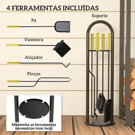 Outsunny Conjunto de Acessórios para Lareira de 5 Peças Acessórios de Metal com Vassoura Pá Par de Tenazes Atiçador e Suporte 20x20x71 cm Preto e Dourado