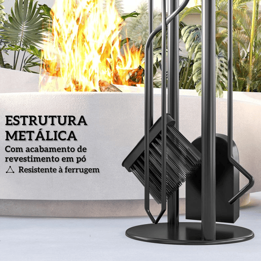 Outsunny Conjunto de Acessórios para Lareira de 5 Peças Acessórios de Metal com Vassoura Pá Par de Tenazes Atiçador e Suporte 20x20x71 cm Preto e Dourado