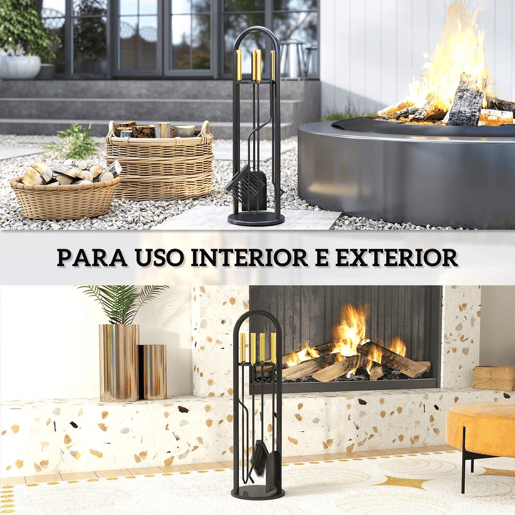Outsunny Conjunto de Acessórios para Lareira de 5 Peças Acessórios de Metal com Vassoura Pá Par de Tenazes Atiçador e Suporte 20x20x71 cm Preto e Dourado