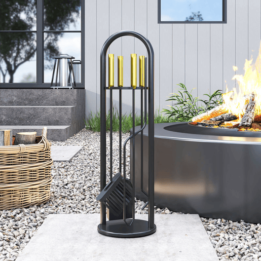 Outsunny Conjunto de Acessórios para Lareira de 5 Peças Acessórios de Metal com Vassoura Pá Par de Tenazes Atiçador e Suporte 20x20x71 cm Preto e Dourado