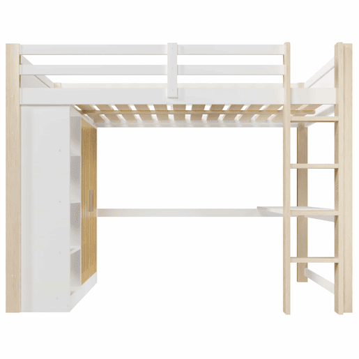 Beliche 140x200 cm - com luzes LED, armário, estante e secretária, sem colchão - branco e natural