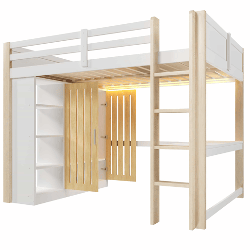 Beliche 140x200 cm - com luzes LED, armário, estante e secretária, sem colchão - branco e natural