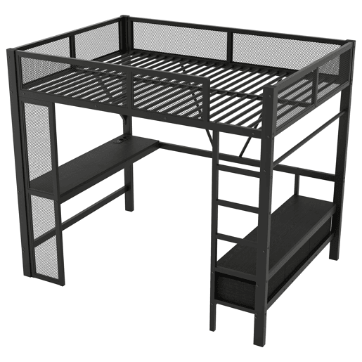 Cama alta 140x200 cm - Metal, secretária, LED, USB, armário aberto e 3 gavetas - Preto