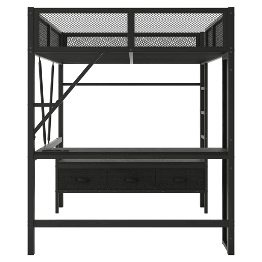 Cama alta 140x200 cm - Metal, secretária, LED, USB, armário aberto e 3 gavetas - Preto
