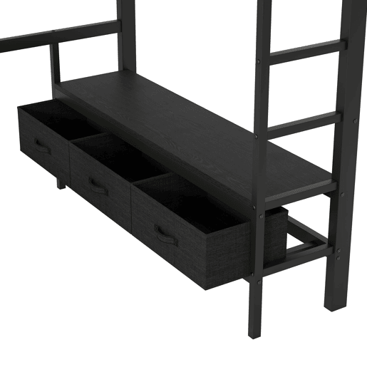 Cama alta 140x200 cm - Metal, secretária, LED, USB, armário aberto e 3 gavetas - Preto