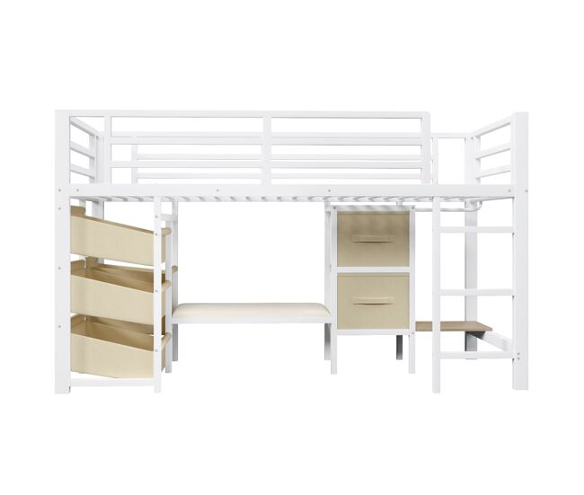 Cama individual 90x200 cm - cama alta con almacenamiento, led multicolor, metal, sin colchón - blanco