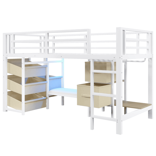 Cama individual 90x200 cm - Cama alta com arrumação, LED multicolorido, metal, sem colchão - Branco Cama individual 90x200 cm - Cama alta com arrumação, LED multicolorido, metal, sem colchão - Branco