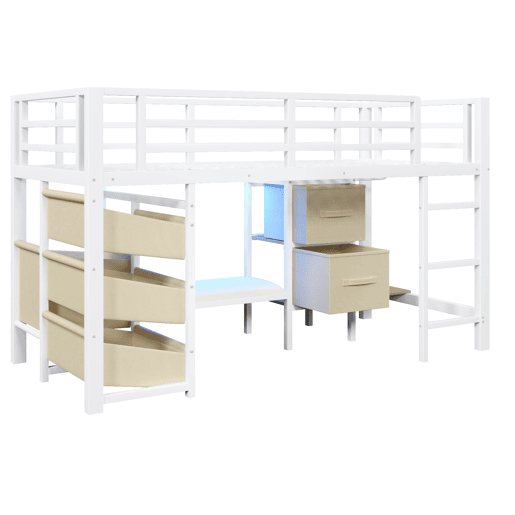 Cama individual 90x200 cm - Cama alta com arrumação, LED multicolorido, metal, sem colchão - Branco Cama individual 90x200 cm - Cama alta com arrumação, LED multicolorido, metal, sem colchão - Branco