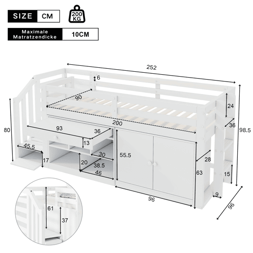Cama infantil multifuncional 90x200 - com escada e arrumação - branco Cama infantil multifuncional 90x200 - com escada e arrumação - branco