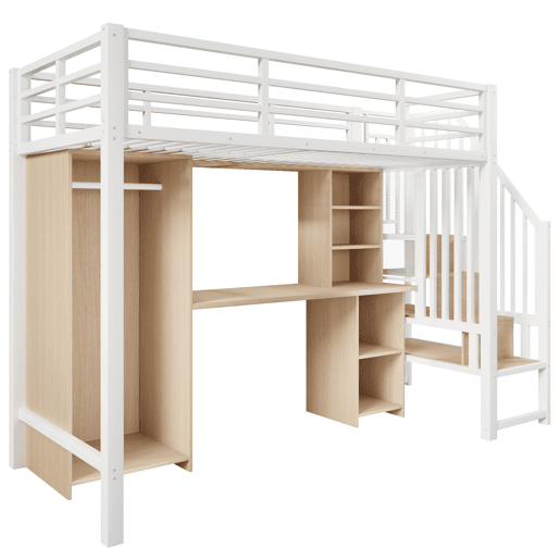Cama alta 90x200 cm - Estrutura em ferro, armário, secretária e escada com arrumação - Branco