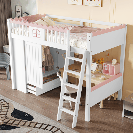 Cama alta infantil 90x200cm - Com LED, armário e gaveta, sem colchão - Branco