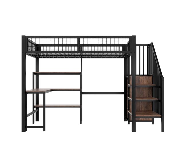 Cama alta 90x200 cm - estructura de hierro, escritorio inferior, varios estantes, armario empotrado, sin colchón - negro