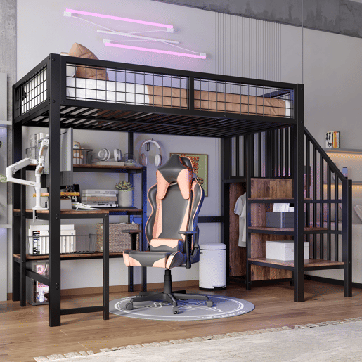 Cama alta 90x200 cm - estrutura em ferro, secretária inferior, várias prateleiras, armário embutido, sem colchão - preto
