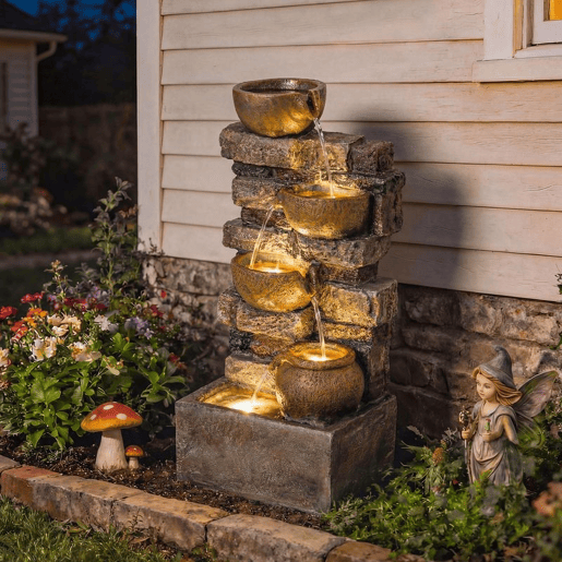 Outsunny Fonte de Água Decorativa com Iluminação LED e Bomba, Fonte de Jardim Exterior em Cascata de 5 Níveis, Fluxo Ajustável, Resistente às Intempéries, para Jardim, Terraço, Castanho Rústico