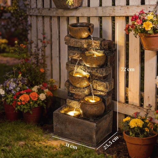 Outsunny Fonte de Água Decorativa com Iluminação LED e Bomba, Fonte de Jardim Exterior em Cascata de 5 Níveis, Fluxo Ajustável, Resistente às Intempéries, para Jardim, Terraço, Castanho Rústico