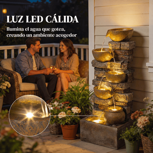 Outsunny Fonte de Água Decorativa com Iluminação LED e Bomba, Fonte de Jardim Exterior em Cascata de 5 Níveis, Fluxo Ajustável, Resistente às Intempéries, para Jardim, Terraço, Castanho Rústico