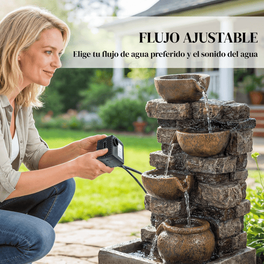 Outsunny Fonte de Água Decorativa com Iluminação LED e Bomba, Fonte de Jardim Exterior em Cascata de 5 Níveis, Fluxo Ajustável, Resistente às Intempéries, para Jardim, Terraço, Castanho Rústico