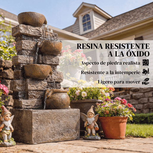 Outsunny Fonte de Água Decorativa com Iluminação LED e Bomba, Fonte de Jardim Exterior em Cascata de 5 Níveis, Fluxo Ajustável, Resistente às Intempéries, para Jardim, Terraço, Castanho Rústico