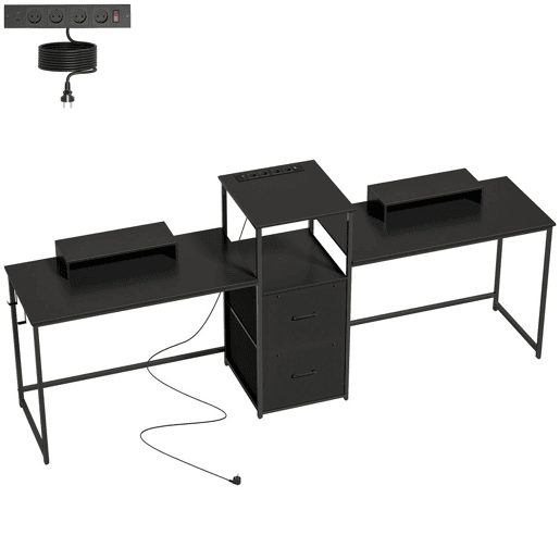 HOMCOM Mesa Gaming Dupla Secretária Extralonga de 244 cm Mesa Gamer com Estação de Carga Portos USB Suportes para Monitor Gavetas de Tecido e Ganchos para Auscultadores Preto