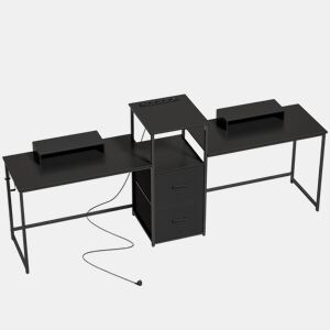 HOMCOM Mesa Gaming Dupla Secretária Extralonga de 244 cm Mesa Gamer com Estação de Carga Portos USB Suportes para Monitor Gavetas de Tecido e Ganchos para Auscultadores Preto