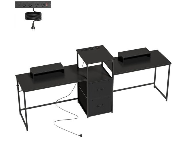 Homcom mesa gaming doble, escritorio extralargo de 244 cm, mesa gamer con estación de carga, puertos usb, soportes para monitor, cajones de tela y ganchos para auriculares, negro