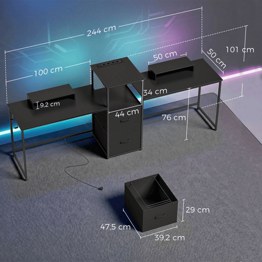 HOMCOM Mesa Gaming Dupla Secretária Extralonga de 244 cm Mesa Gamer com Estação de Carga Portos USB Suportes para Monitor Gavetas de Tecido e Ganchos para Auscultadores Preto