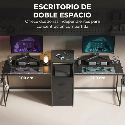 HOMCOM Mesa Gaming Dupla Secretária Extralonga de 244 cm Mesa Gamer com Estação de Carga Portos USB Suportes para Monitor Gavetas de Tecido e Ganchos para Auscultadores Preto
