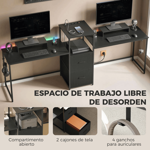 HOMCOM Mesa Gaming Dupla Secretária Extralonga de 244 cm Mesa Gamer com Estação de Carga Portos USB Suportes para Monitor Gavetas de Tecido e Ganchos para Auscultadores Preto