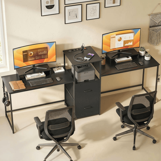 HOMCOM Mesa Gaming Dupla Secretária Extralonga de 244 cm Mesa Gamer com Estação de Carga Portos USB Suportes para Monitor Gavetas de Tecido e Ganchos para Auscultadores Preto