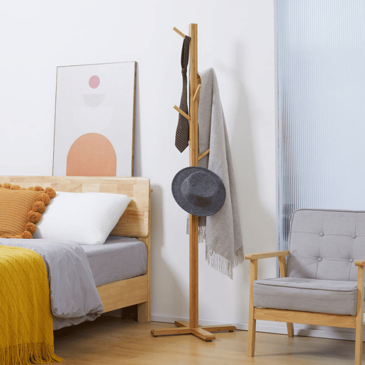 HOMCOM Cabide de Pé em Bambu com 8 Ganchos para Pendurar Bolsas e Chapéus no Corredor Entrada Quarto 49,5x49,5x178 cm Madeira