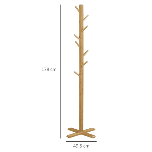 HOMCOM Cabide de Pé em Bambu com 8 Ganchos para Pendurar Bolsas e Chapéus no Corredor Entrada Quarto 49,5x49,5x178 cm Madeira