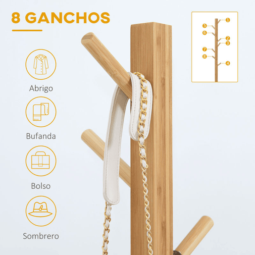 HOMCOM Cabide de Pé em Bambu com 8 Ganchos para Pendurar Bolsas e Chapéus no Corredor Entrada Quarto 49,5x49,5x178 cm Madeira