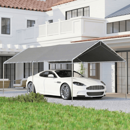 Outsunny Tenda Garagem para Carro 3x6 m Abrigo Exterior Portátil com Estrutura de Aço Galvanizado Impermeável, Anti-UV Tenda de Jardim com Acessórios para Eventos Festas Cinzento