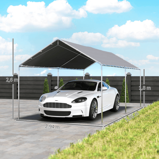 Outsunny Tenda Garagem para Carro 3x6 m Abrigo Exterior Portátil com Estrutura de Aço Galvanizado Impermeável, Anti-UV Tenda de Jardim com Acessórios para Eventos Festas Cinzento