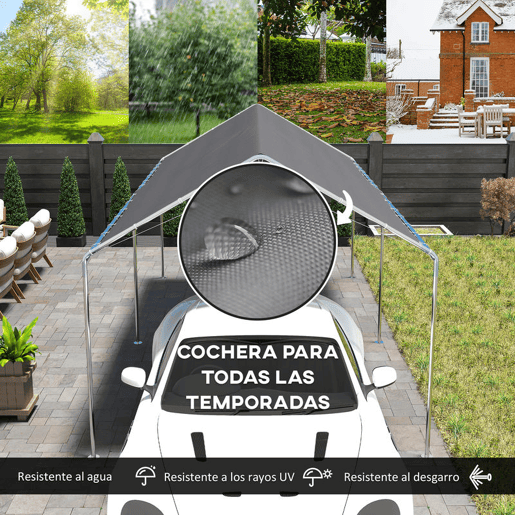Outsunny Tenda Garagem para Carro 3x6 m Abrigo Exterior Portátil com Estrutura de Aço Galvanizado Impermeável, Anti-UV Tenda de Jardim com Acessórios para Eventos Festas Cinzento
