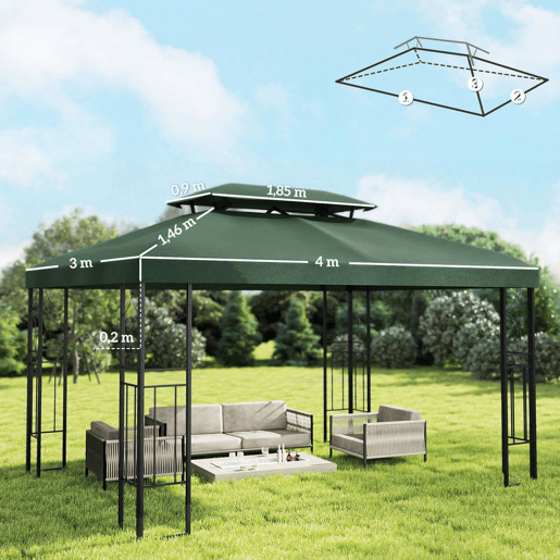 Outsunny Teto de Substituição para Pérgula, 4x3 m, Cobertura de Substituição com Teto Duplo, 10 Orifícios de Drenagem e Proteção UV, APENAS Toldo de Substituição para Pavilhão, Verde