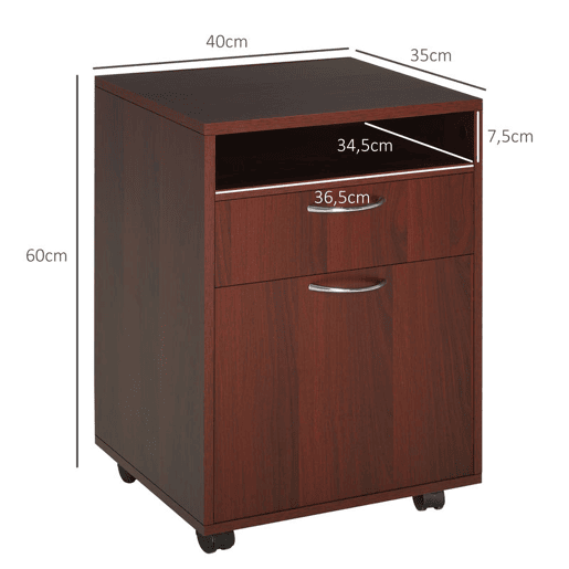 HOMCOM Bloco de Gavetas para Escritório com Rodas Armário de Escritório com Gaveta Compartimento Porta Arquivador Móvel para Escritório ou Sala 40x35x60 cm Castanho Escuro